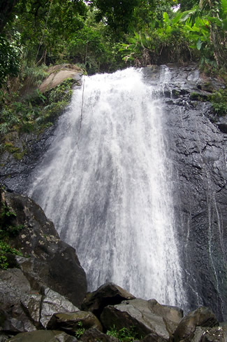 Looking up at a waterfall