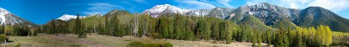 View of the western side of the snow-frosted San Francisco Peaks from the spring green Inner Basin.