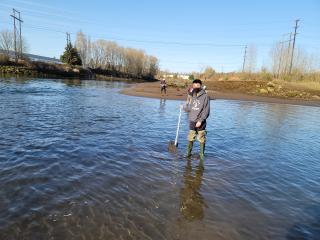 A young man -wearing a black medical (COVID) mask, gray sweatshirt, kahki slacks and above-the-knee fishing boots- stand in the middel of a shallow river holding a long ruler to measure the water's depth. On the background we see the shore and on that shore another student is standing taking notes in her notebook. She is wearing a kahki-colored ballcap, a blue medical (COVID) mask, dark grey hoddie with her sleeves rolled, jeans and knee-high fishing boots. Behind her there is some copses of brown vegetaion