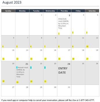 Sample calendar with cancellation deadlines.