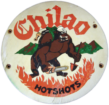 Chilao Hotshots patch features a gorilla fire fighting with a chainsaw in a mountainous area.