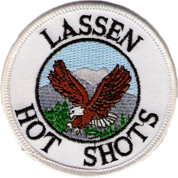 Lassen Hotshots patch shows a logo of a bald eagle flying near a snow-covered mountain.