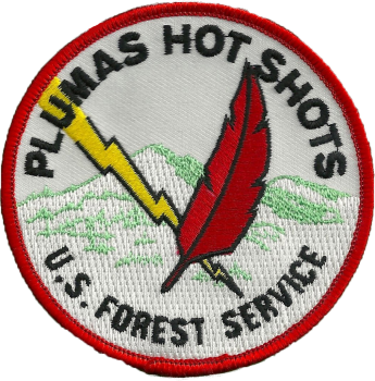 Plumas Hotshots patch logo features a feather and a lightning bolt near a mountain.