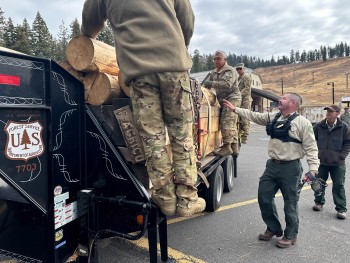 Soldiers and Forest Service employees unload timber logs from the back of a flatbed trailer.