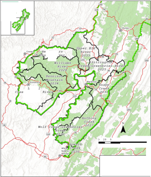 A map of REAL planning areas around the Monongahela National Forest showing different planning areas from 2025 to 2035