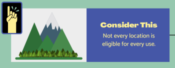 Colorful drawing of mountain peaks with the text: "Consider this. Not every location is eligible for every use."