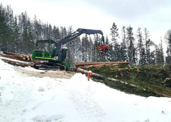 Large machine processing logs in the snow