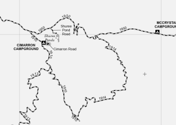 Detail of a motor vehicle use map showing the area around Cimarron and McCrystal campgrounds.