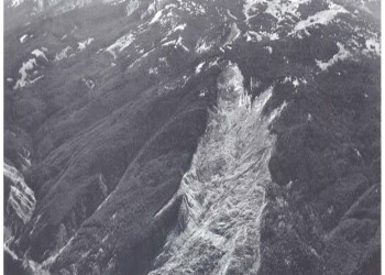Black and white photo aerial view of the Gros Ventre landslide in 1955
