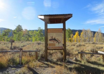 A trail marker sign on the Old Spanish Trail Fish Lake Cut Off