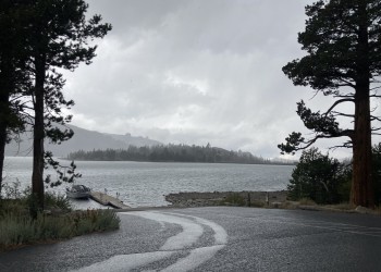 thunderstorm over a lake with trees