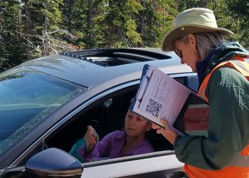 A forest ranger talks with a visitor in a car.