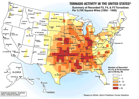 A map of tornado alley in the U.S.