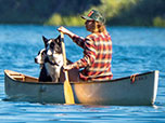 Person paddling a canoe with a dog.