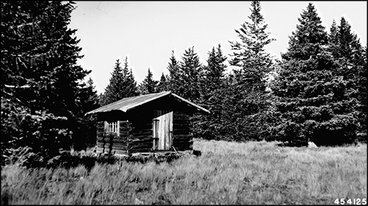 Historic photo of Kendrick Peak Lookout cabin Historic black & white photo of Kendrick Peak Lookout Cabin