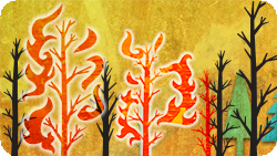 An illustration of fire burning near some trees.