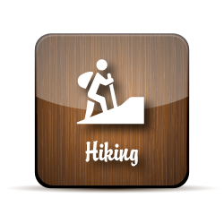 A stick figure with a backpack and walking sticks climbs on incline, on a wood-grain jelly icon.