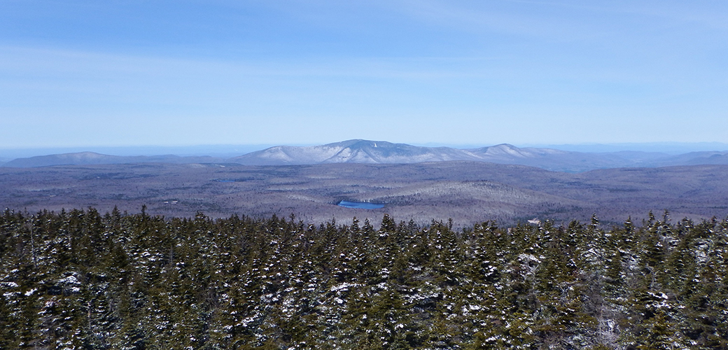 An expansive vista has green pines in the foreground looking over a valley framing a small lake.