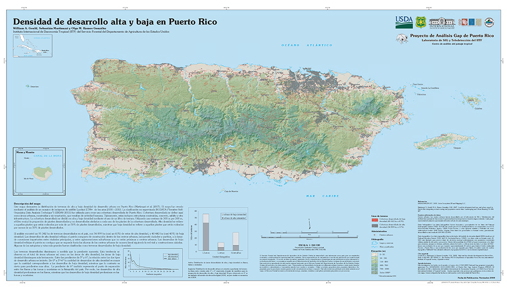 Densidad de desarrollo alta y baja en Puerto Rico.