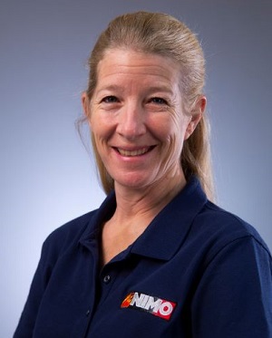 image of a woman in a blue shirt with a NIMO logo