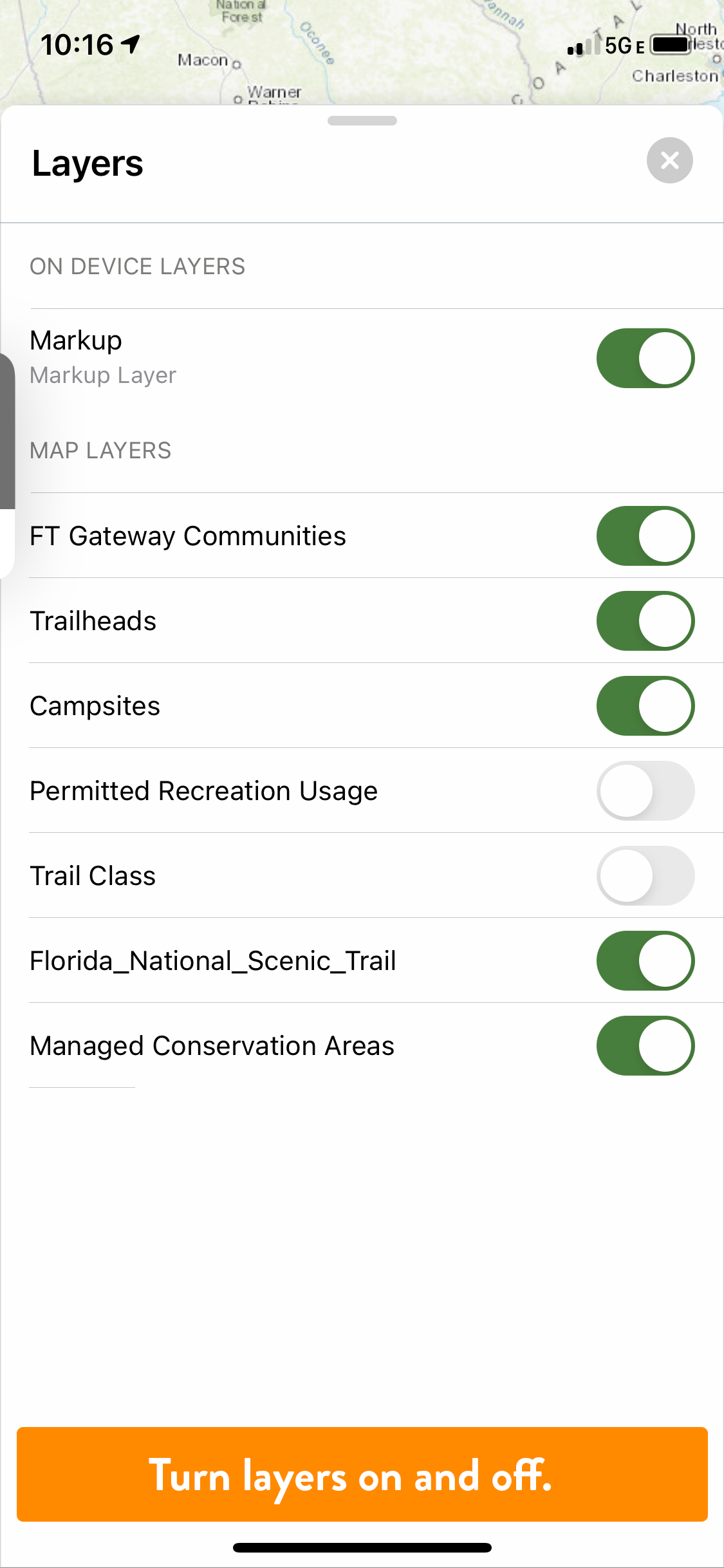 The turn on/off layers interface of the Florida Trail interactive map.