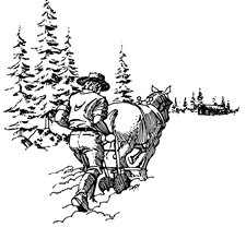 Black and white drawing of man plowing field with horse and plow.