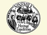Native American wearing a headdress, a packstring and a cabin with the words Heritage Expeditions