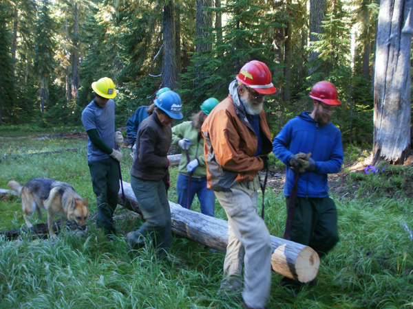 Windigo Summit volunteers carrying a log