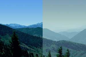 [photo] Two photos of same landscape showing comparison between clear blue sky and haze