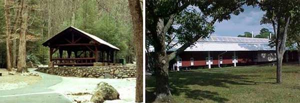 Two photos.  The first is of a covered picnic shelter and the second is of what looks like a horse barn.