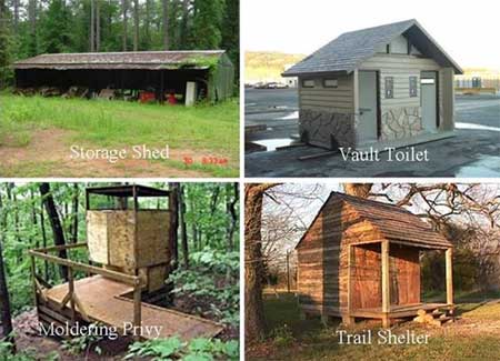 Four photos of "basic" Forest Service buildings.  The buildings are a storage shed, vault toilet, moldering privy, and trail shelter.