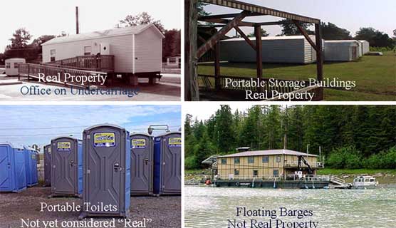 Four examples of portable Forest Service buildings.  The buildings are an office on undercarriage, portable storage buildings, portable toilets (not "Real") and floating barges (not "Real").