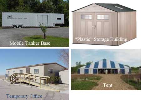 Four photos of temporary Forest Service buildings.  The buildings are a mobile tanker base, plastic storage building, temporary office, and tent.