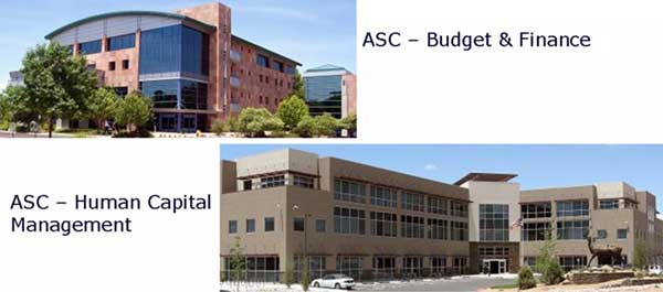 Photos of the ASC budget and finance building and the ASC human capital management building.