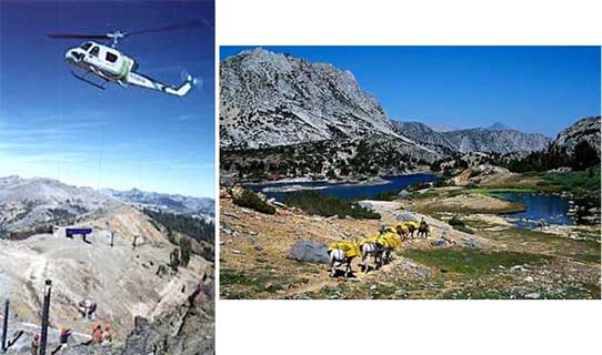 Two photos.  The first is a helicopter making a drop on a mountain and the second is a pack horse line.