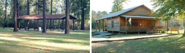 Two photos of a picnic shelter and a cabin.