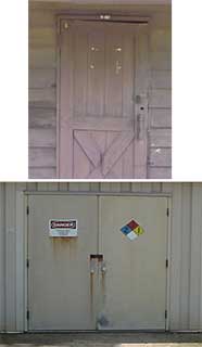Two photos.  The first is of a wooden door and the second is of two metal doors.