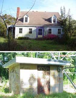 Two photos.  The first photo is of a house.  The second photo is of a small shed or out building.