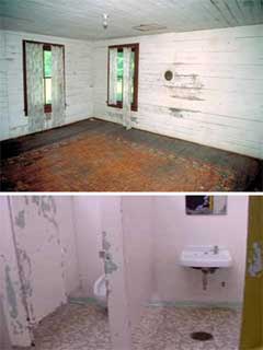 Two photos of the interior of structures that need work.