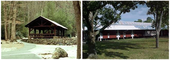 Image consisting of two photos.  One photo looks like a picnic shelter and the other looks like a horse barn with solar panels on the roof.