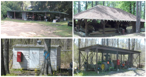 Image consisting of four photos.  Three of the photos have structures with out walls.