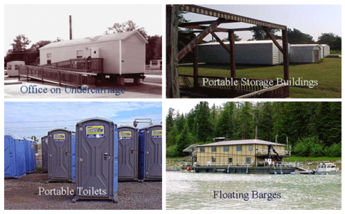 Image consisting of four photos.  The first photo is of an office on an undercarriage.  The second photo is of portable storage buildings.  The third photo is of portable toilets.  The final photo is of a floating barge.