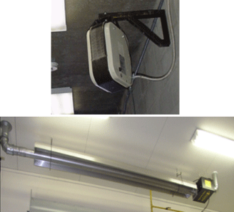 Two photos of different types of overhead heaters.