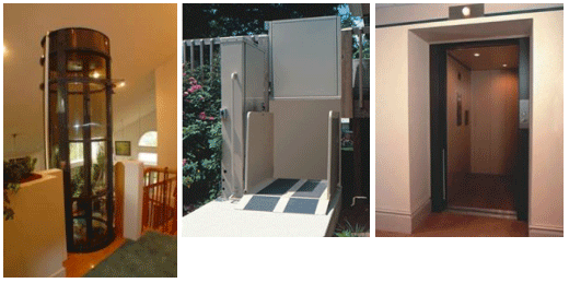 Three photos of different types of elevators.