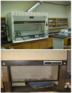 Two photos of different types of fume hoods.