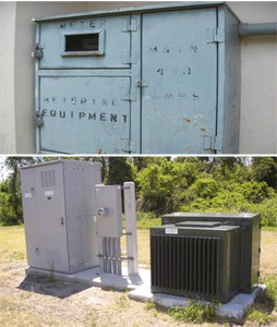 Two photos of metal boxes containing switchgear.