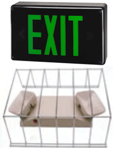Photo of two types of emergency light fixtures.  One is an lighted EXIT sign and the other is flood lighting.