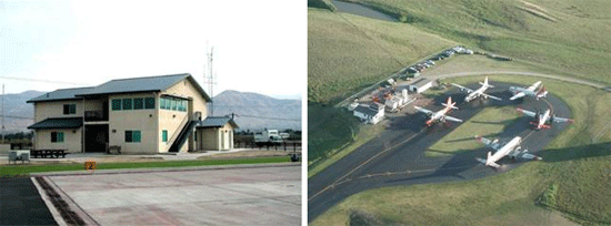 Two photos of buildings located on airstrips.