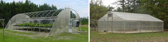 Two photos of greenhouses.