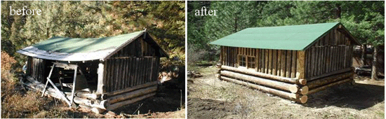 Before and after pictures of a restored log structure.